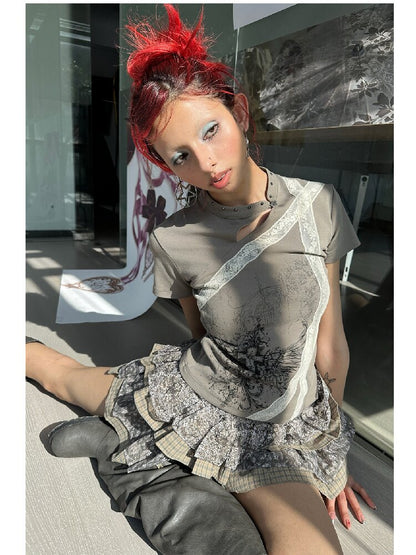 Graffiti Lace Checkered Skirt【s0000018065】