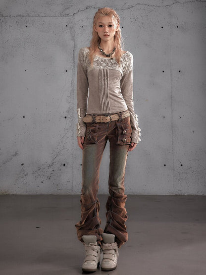 Distressed Pleated Low Rise Jeans【s0000019152】