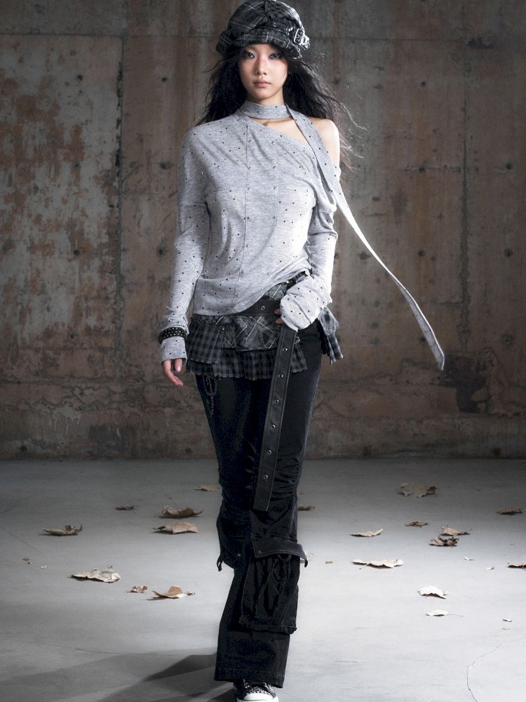 Cross Print Long Sleeve Knit Slouchy T-Shirt【s0000013892】