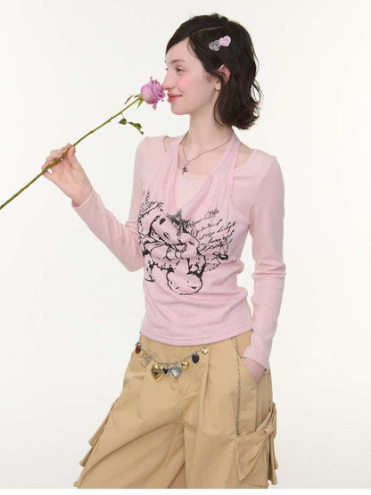 Rabbit Print Slim Halterneck Top【s0000015436】