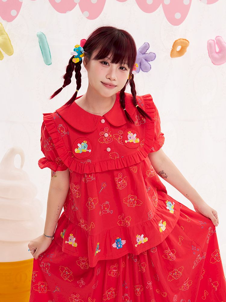 Animal angel heavy embroidery red doll shirt【s0000013184】