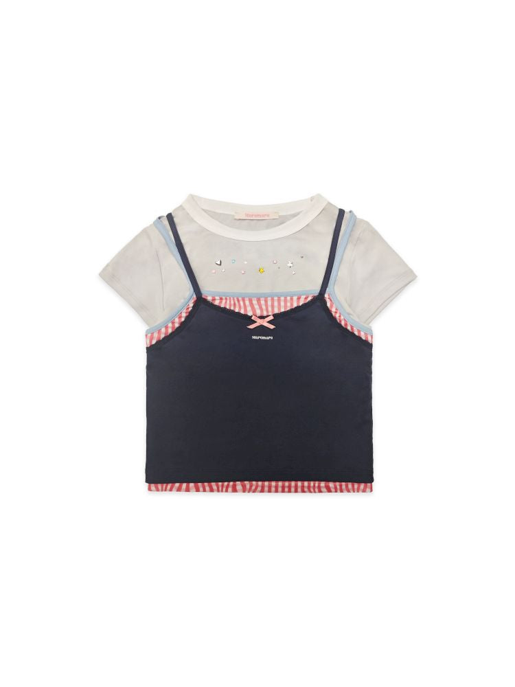 Lace satin bow short-sleeved T-shirt【s0000012504】