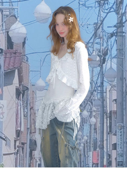 Lace Hollow Tie Knit Cardigan【s0000012228】