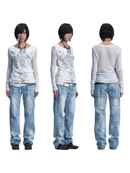 Knitted Mesh Hole Cross Rivet T-shirt【s0000014666】