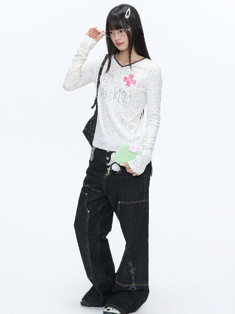 Full Print V Neck Long Sleeve Top【s0000016406】