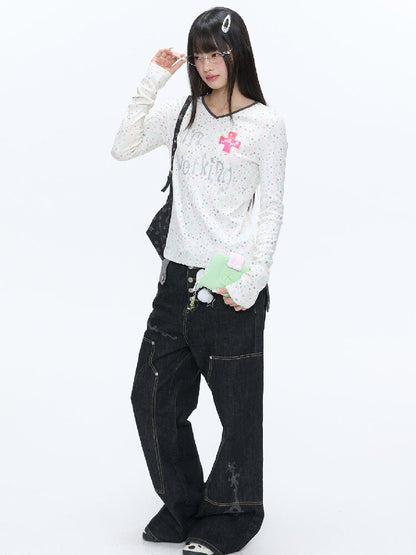 Full Print V Neck Long Sleeve Top【s0000016406】