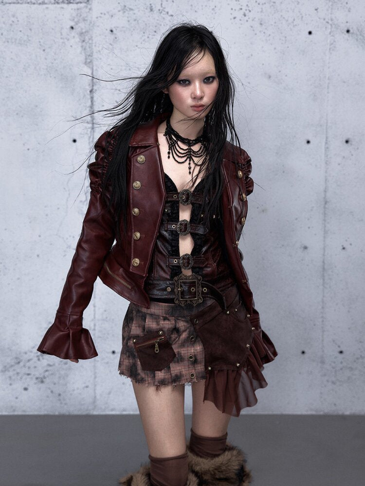 Plaid Stitching Leather Skirt【s0000015546】