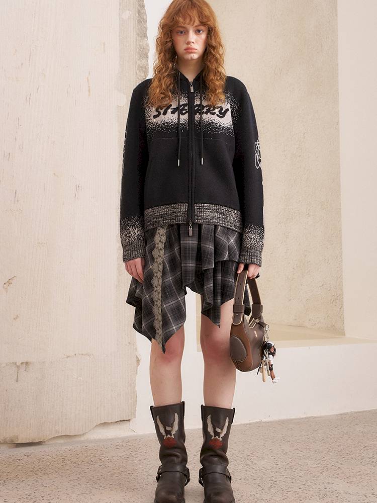 Hooded Black Knit Cardigan【s0000014387】