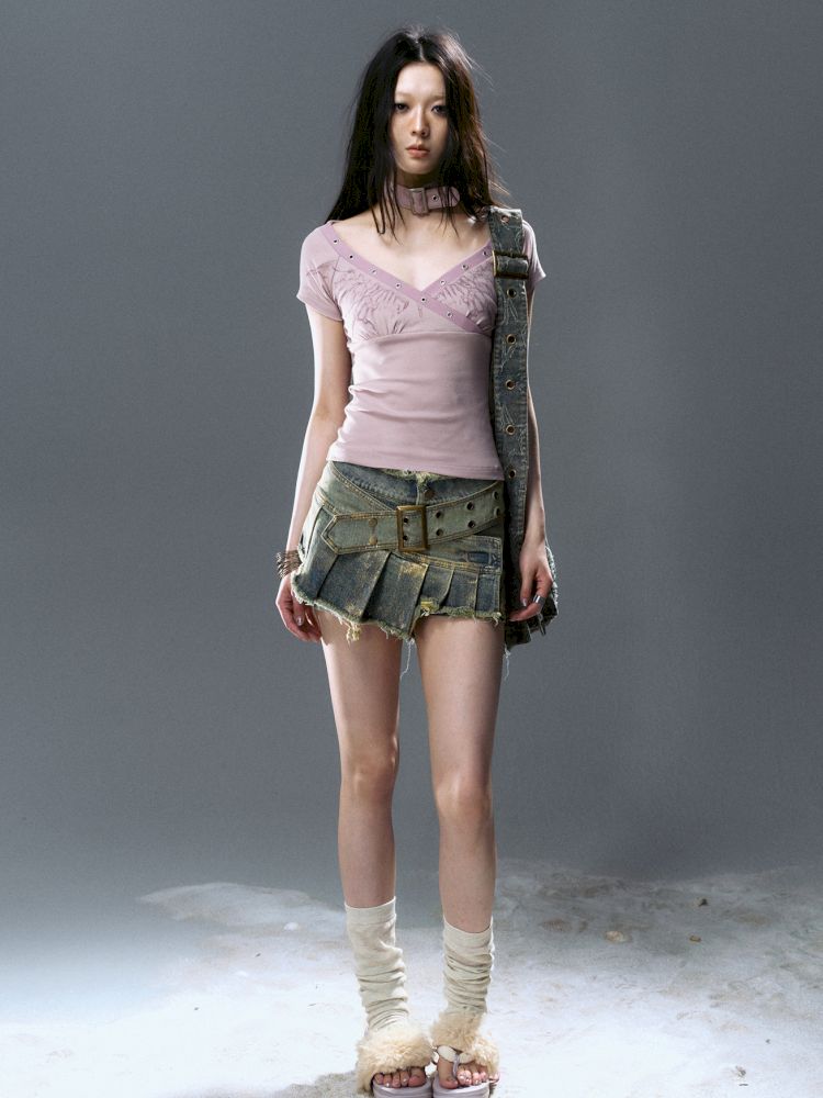 Denim pleated skirt pants【s0000012806】