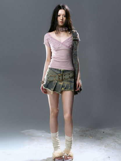 Denim pleated skirt pants【s0000012806】