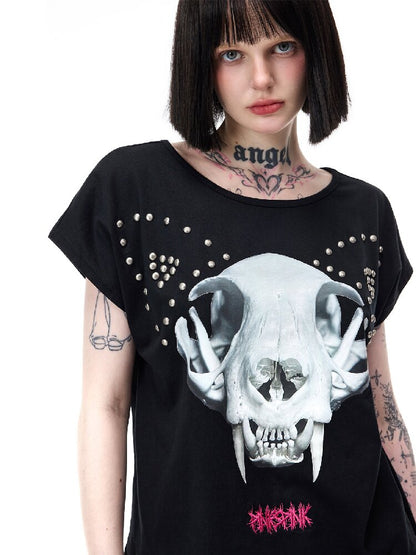 Cat Bone Print Riveted T-Shirt【s0000017714】