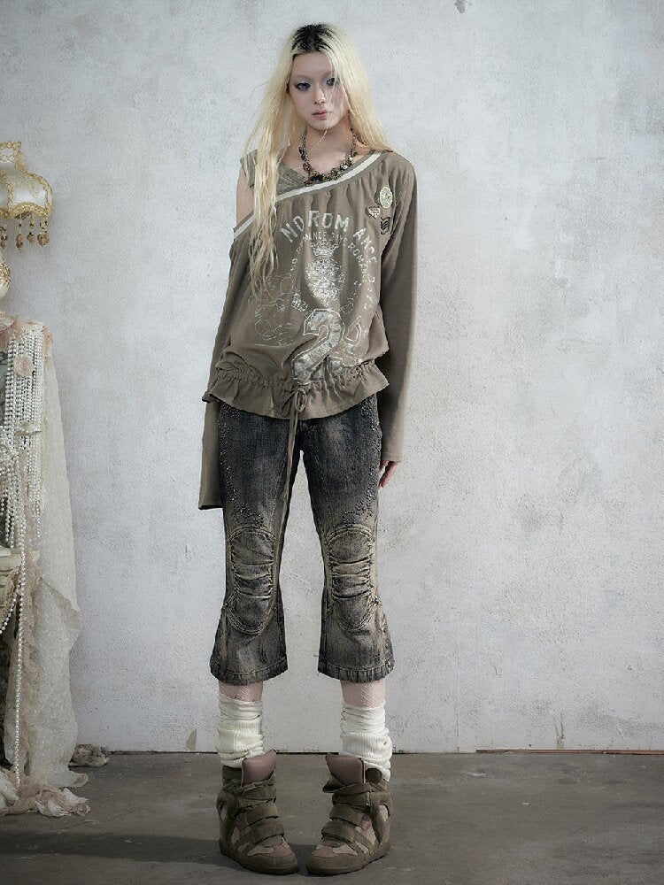 Rhinestone Three-Quarter Jeans【s0000017983】
