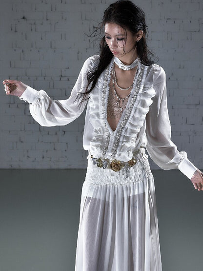 Shirring Deep V Chiffon Dress【s0000015932】