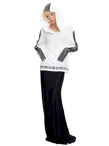 Piano Note Print Pullover Long-Sleeve Sweatshirt【s0000014100】