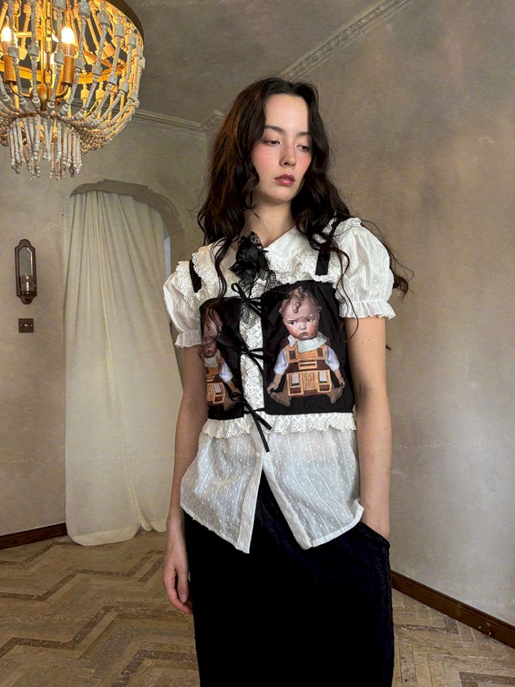 Cute doll print lace bow vest【s0000012760】