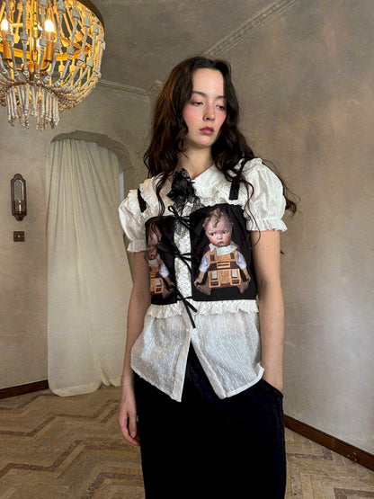 Cute doll print lace bow vest【s0000012760】