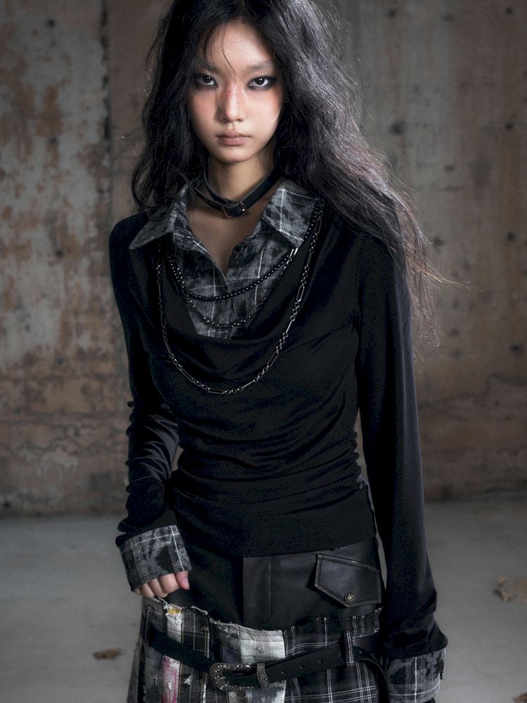 Plaid Tie-Dye Black Swing Neck Long Sleeve Blouse【s0000013887】