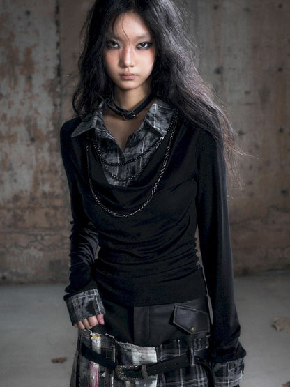 Plaid Tie-Dye Black Swing Neck Long Sleeve Blouse【s0000013887】