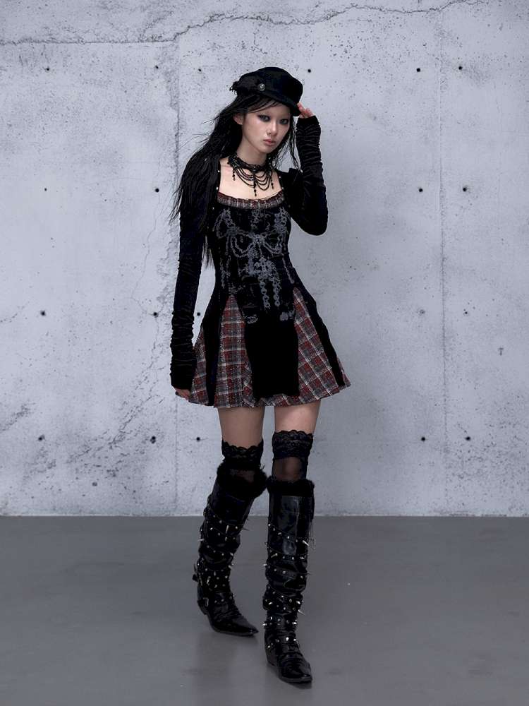 Vintage Baroque Velvet Check Dress【s0000014935】