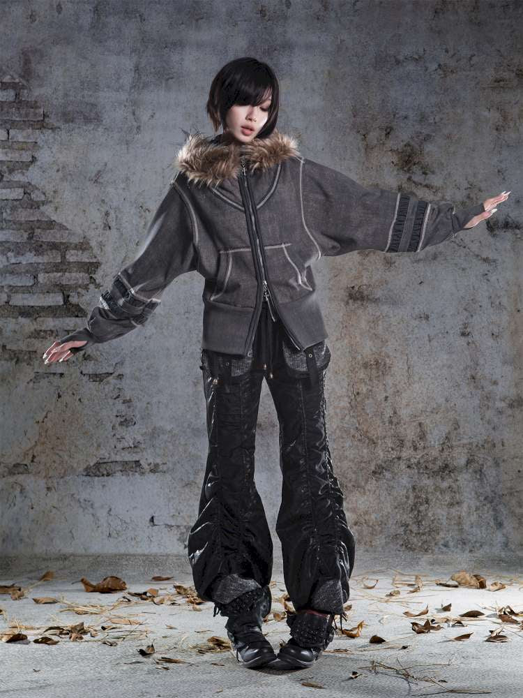 Lantern Sleeve Hooded Sweatshirt Jacket【s0000014493】