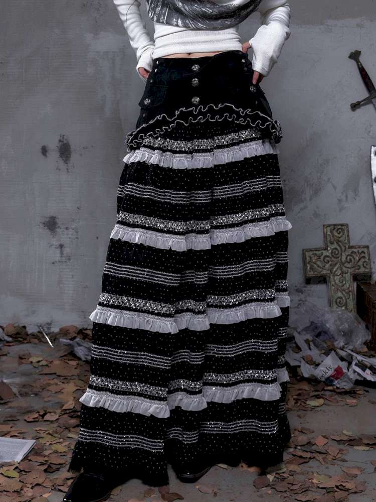 Patchwork Gathered A-Line Skirt【s0000014461】