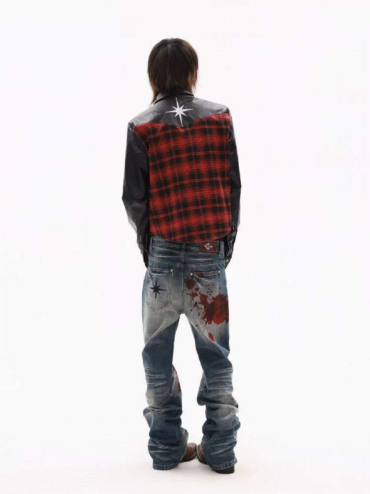 Embroidery Slogan Plaid Leather Jacket【s0000018353】