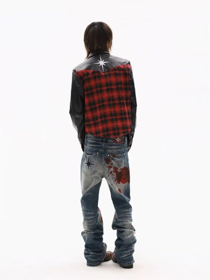 Embroidery Slogan Plaid Leather Jacket【s0000018353】