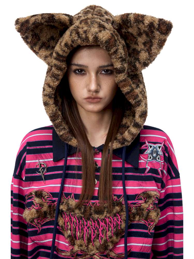 Pink Striped Leopard Cat Ear Hood【s0000015115】