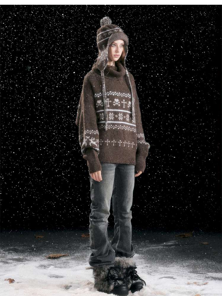 Striped Snowflake Ear Protection Beanie【s0000014672】