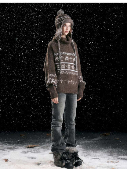 Striped Snowflake Ear Protection Beanie【s0000014672】