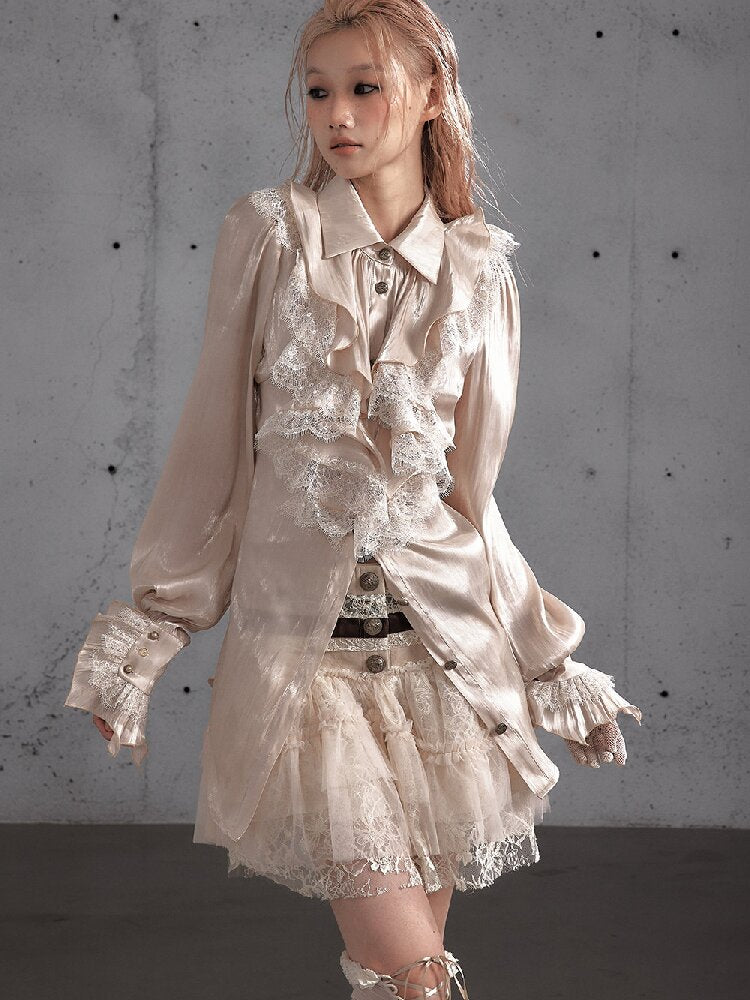 Ruffled Lace Satin Silk Shirt【s0000019157】