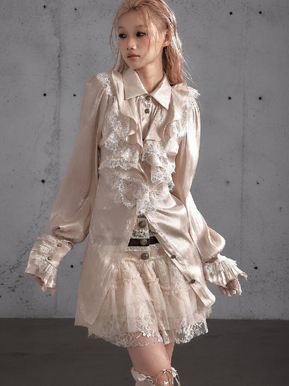 Ruffled Lace Satin Silk Shirt【s0000019157】