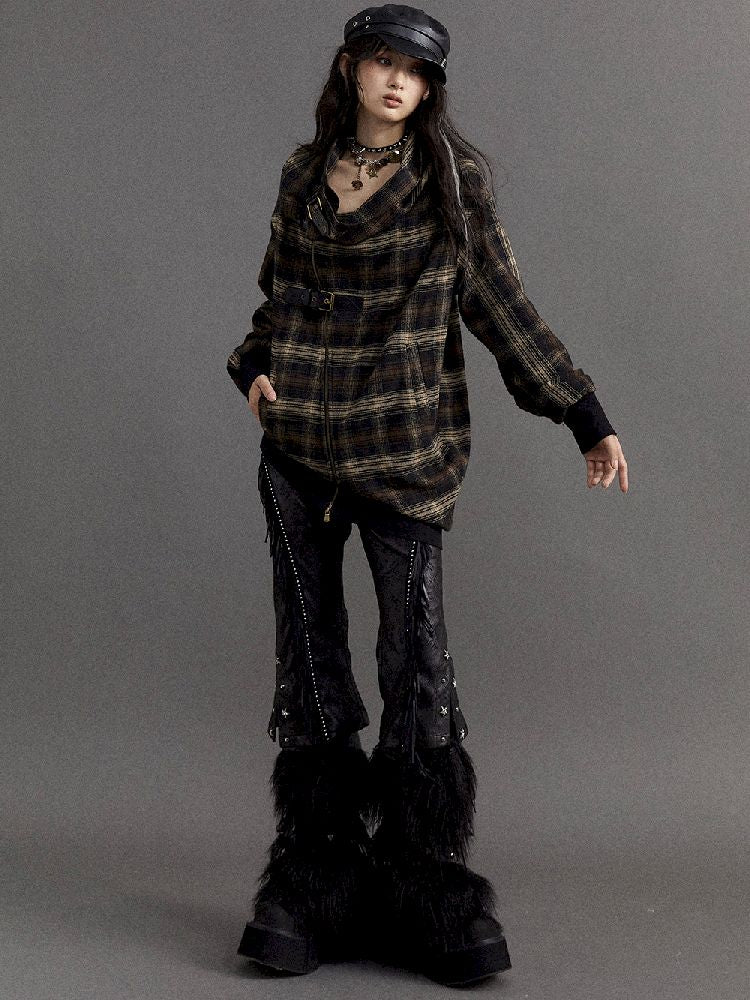 LOOSE PLAID ASYMMETRICAL SWEATER JACKET [S0000010326]