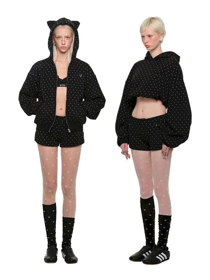 Cat's Paw Long Short Polka Dot Hooded Cardigan Sweatshirt Sweatpants Set【s0000011566】