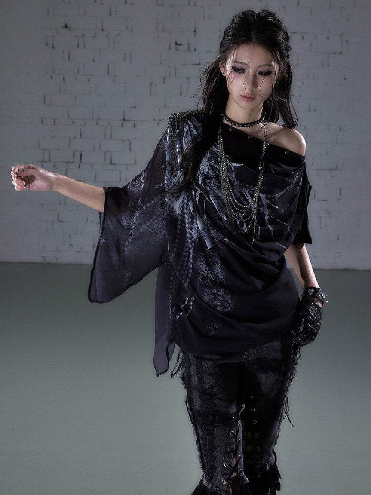Print Chiffon Swing Collar T-Shirt【s0000016209】