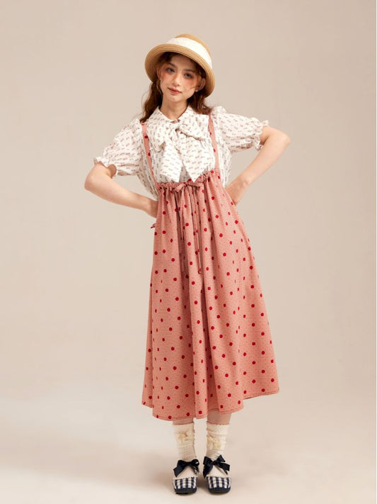 Polka Dot Girl's Red Check Loose Halter Dress【s0000007663】