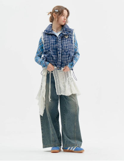 Checkered Splicing Lace Cotton Vest【s0000011504】