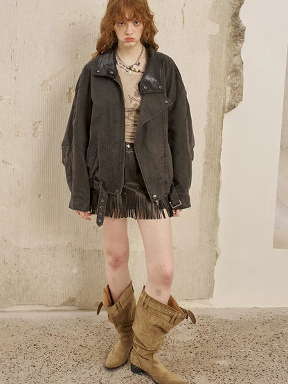 Padded Collar Patchwork Washed Denim Jacket【s0000014069】