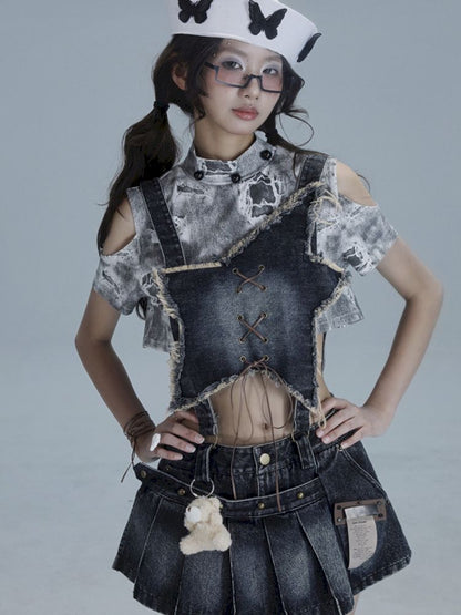 Washable gal niche denim bib culottes【s0000013490】