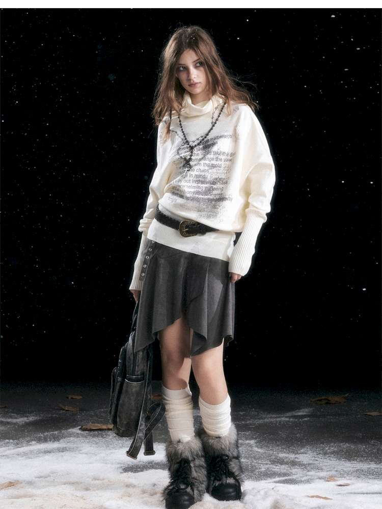 Graffiti Bat Sleeve Pleated Sweater【s0000014669】