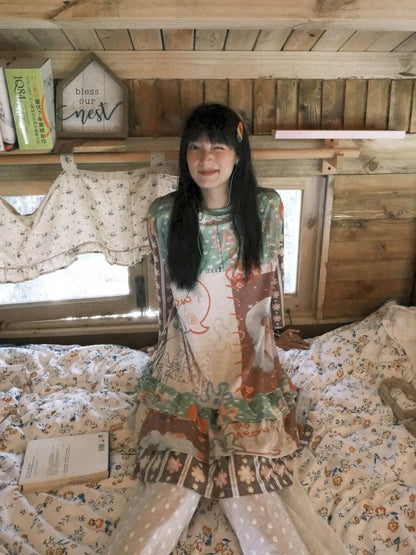 Color block print loose cake skirt【s0000012771】