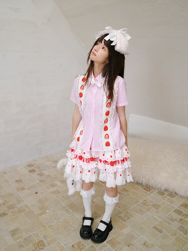 Plaid Lace Bow Short Sleeve Shirt【s0000018541】