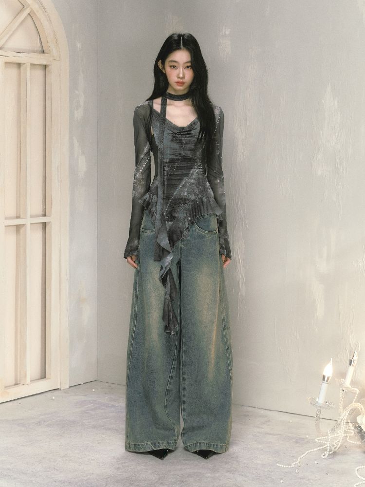Wide-leg broken holes micro-laundry jeans【s0000012140】