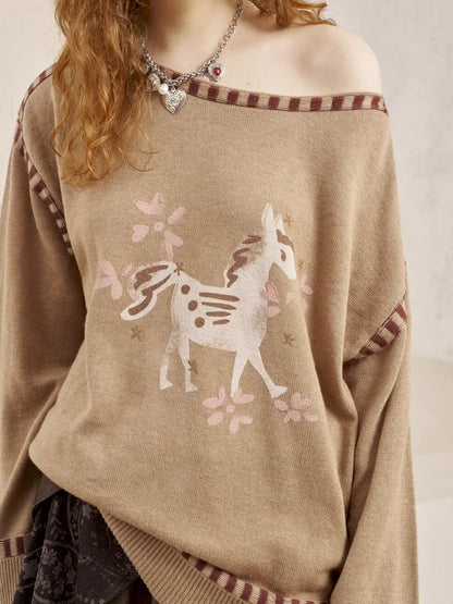 Off-the-shoulder poncho print knit sweater【s0000014063】