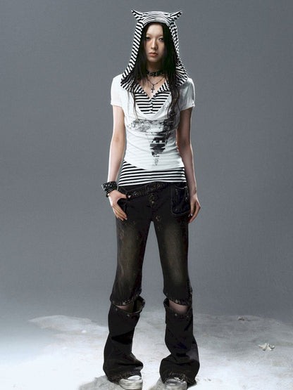 Swing Neck Striped Short Sleeve T-Shirt【s0000012807】