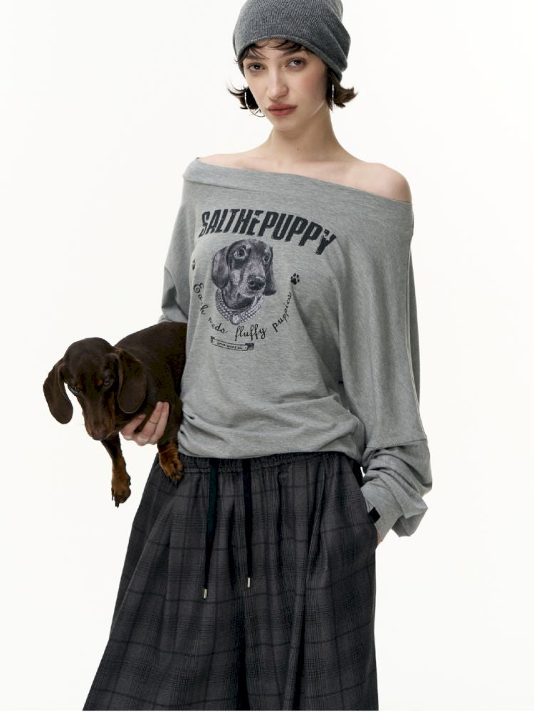 Puppy Printed Slant Shoulder Long Sleeve T-Shirt【s0000013744】
