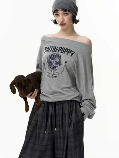 Puppy Printed Slant Shoulder Long Sleeve T-Shirt【s0000013744】