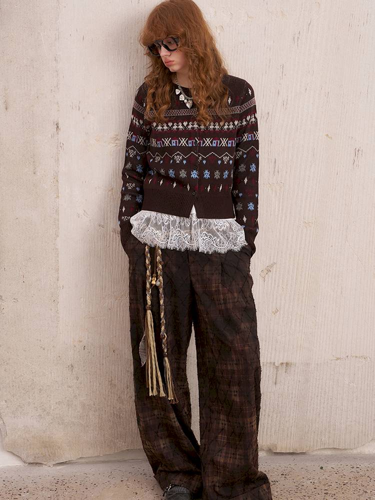 Textured straight leg loose plaid trousers【s0000014384】
