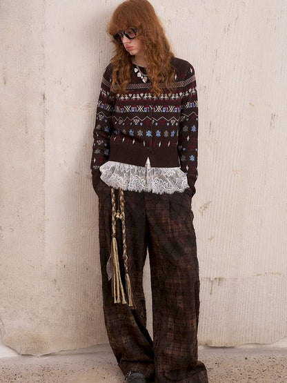 Textured straight leg loose plaid trousers【s0000014384】
