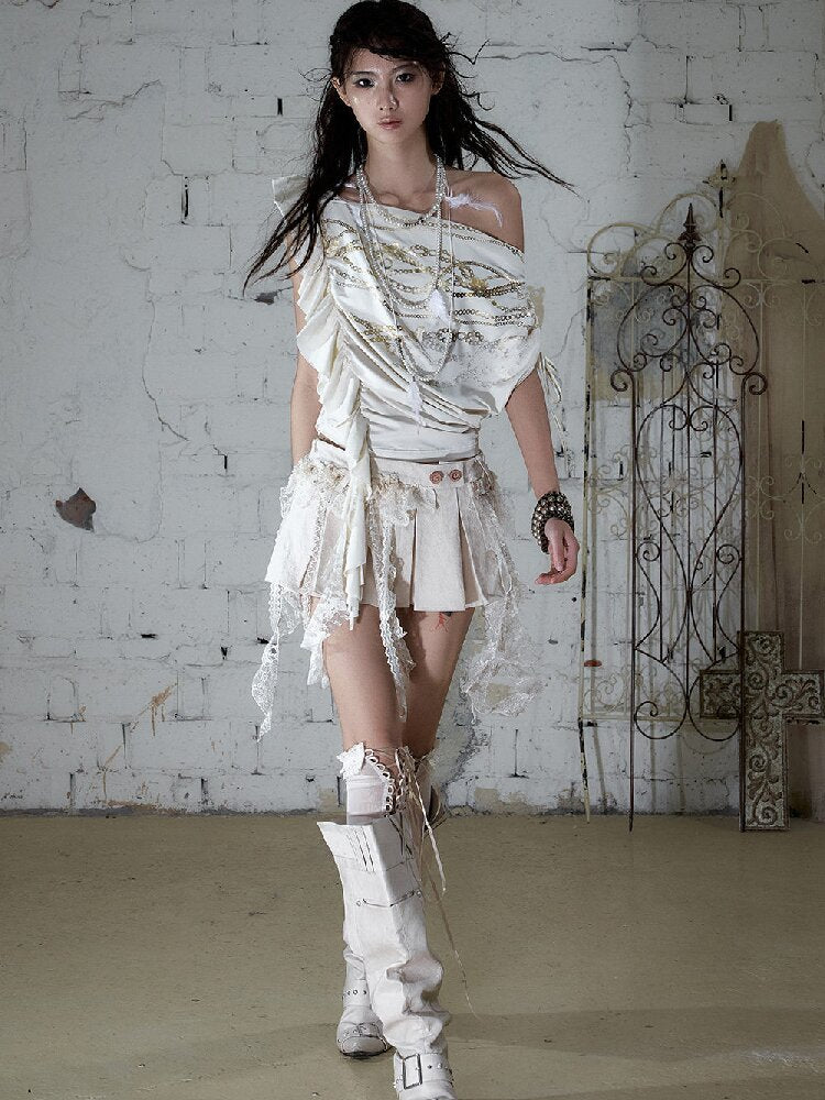 Foil Chain Print Asymmetrical T-Shirt【s0000016979】